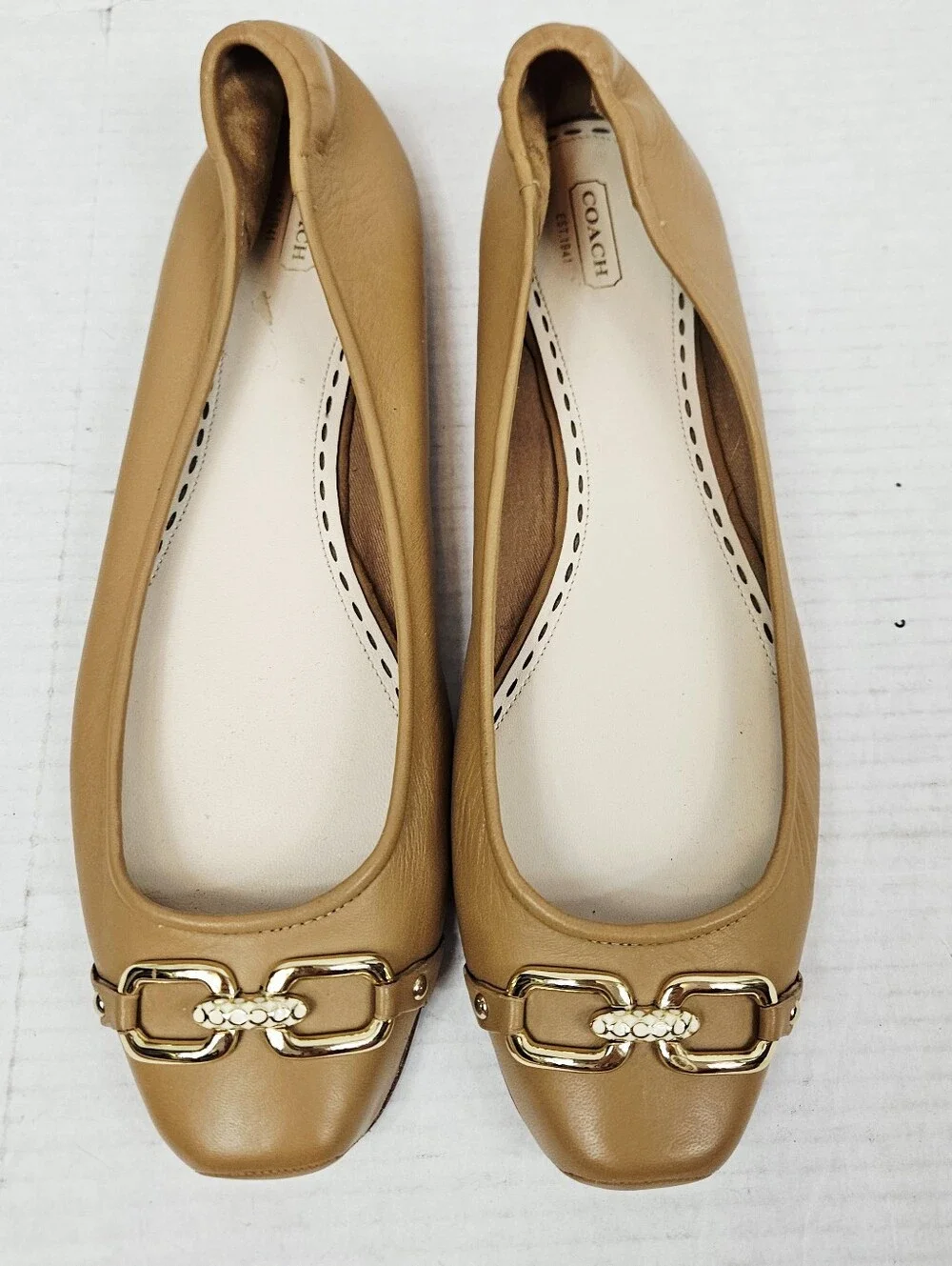 Coach Tan Leather Ballet Flats with Gold-Tone Hardware